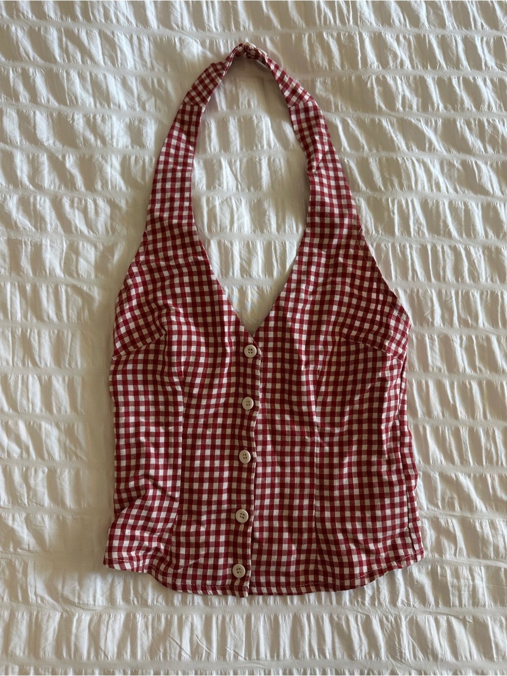 EARTHBOUND Red and White Gingham Halter Button-Front Camisole
